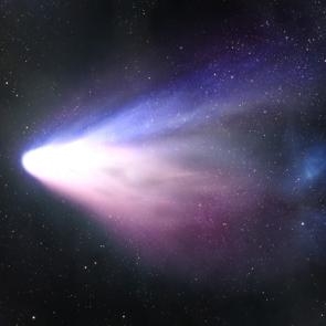 Comet with bright core and glowing tail in space.