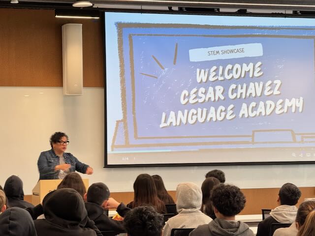 President Angelica Garcia welcoming students from Cesar Chavez Language Academy to SRJC.