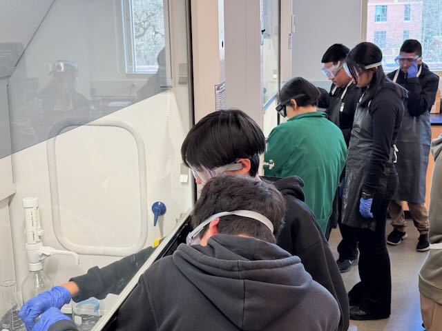 Students working at a chemical fume hood.